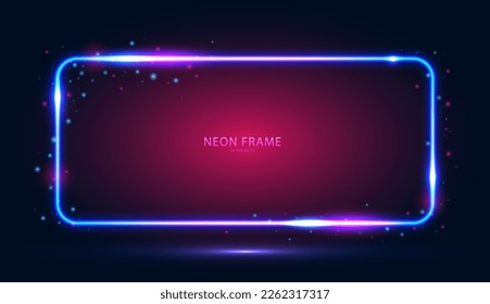 Neon rectangular frame with lights and highlights on a dark background. Abstract futuristic geometric neon light background. Vector EPS 10.