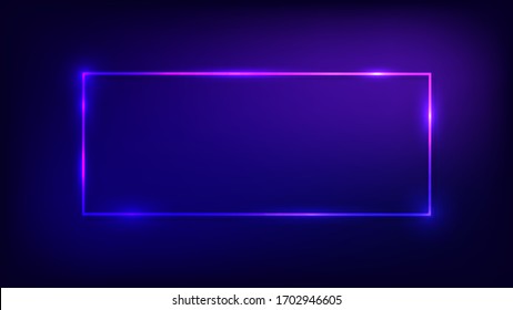 Neon rectangular frame with shining effects on dark background. Empty glowing techno backdrop. Vector illustration.