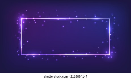 Neon rectangular frame with shining effects and sparkles on dark background. Empty glowing techno backdrop. Vector illustration