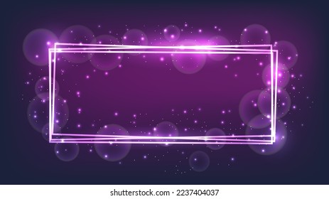 Neon rectangular frame with shining effects and sparkles on dark background. Empty glowing techno backdrop. Vector illustration