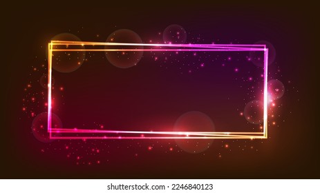 Neon rectangular frame with shining effects and sparkles on dark background. Empty glowing techno backdrop. Vector illustration