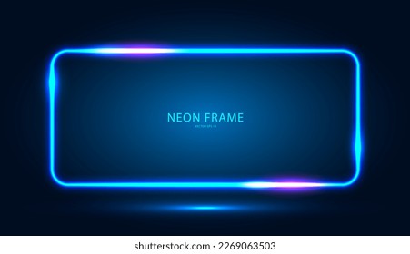 Neon rectangular frame with shining effects on a dark blue background. An empty glowing technophone. Vector illustration.