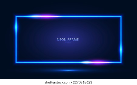 Neon rectangular frame with shining effects on a dark blue background. Abstract futuristic banner. Vector EPS 10.