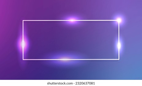 Neon rectangular frame with shining effects on dark blue background. Empty glowing techno backdrop. Vector illustration