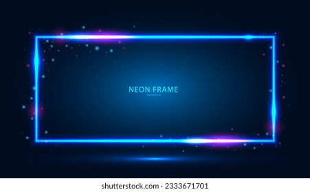 Neon rectangular frame with shining effects and highlights on a dark blue background. Abstract futuristic banner. Vector EPS 10.