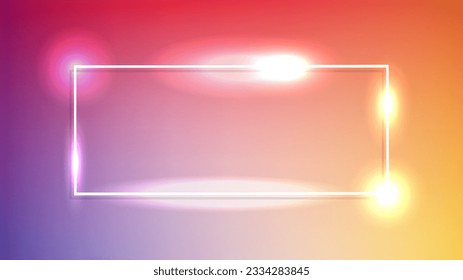 Neon rectangular frame with shining effects on colourful background. Empty glowing techno backdrop. Vector illustration