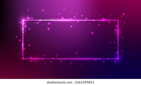 Neon rectangular frame with shining effects and sparkles on dark purple background. Empty glowing techno backdrop. Vector illustration