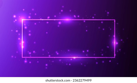 Neon rectangular frame with shining effects and sparkles on dark blue background. Empty glowing techno backdrop. Vector illustration