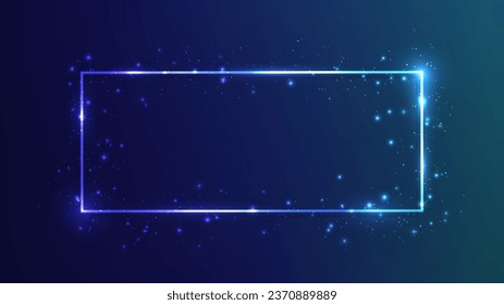 Neon rectangular frame with shining effects and sparkles on dark blue background. Empty glowing techno backdrop. Vector illustration