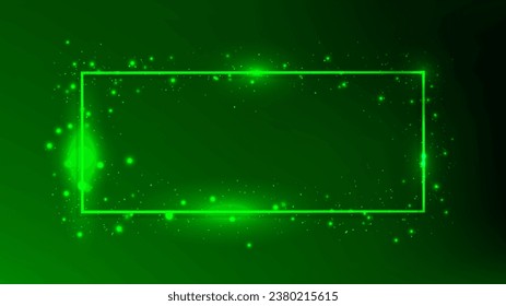 Neon rectangular frame with shining effects and sparkles on dark green background. Empty glowing techno backdrop. Vector illustration