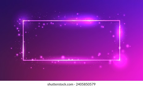 Neon rectangular frame with shining effects and sparkles on dark purple background. Empty glowing techno backdrop. Vector illustration
