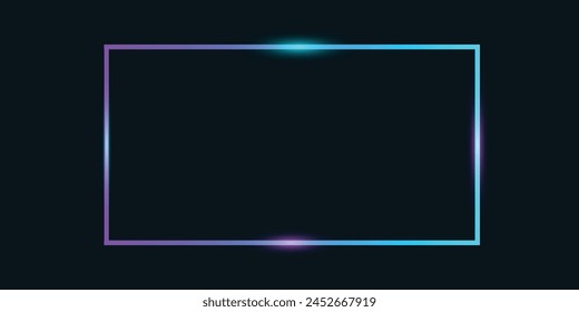 Neon rectangular frame with shining effects on dark background. Empty glowing techno backdrop. Vector illustration.