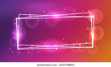 Neon rectangular frame with shining effects and sparkles on red background. Empty glowing techno backdrop. Vector illustration