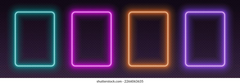 Neon rectangular frames, glowing borders set, colorful futuristic UI design elements. Vibrant geometric shapes, modern signs collection. Bright social media templates. Vector illustration.