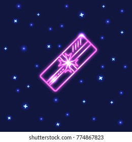 Neon rectangular gift box icon in line style. Shining present box with bow on dark background.