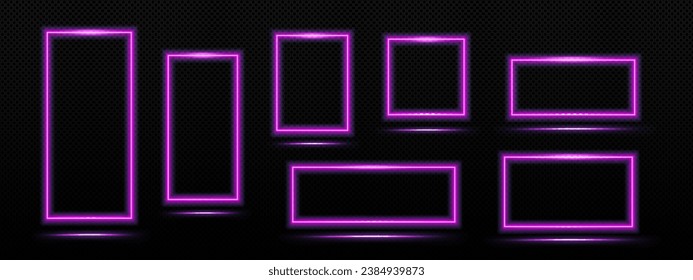 Neon rectangular and square frame with light glowing effect. Realistic vector illustration set of purple futuristic door or magic portal. Line led luminous cyber border on dark transparent background.