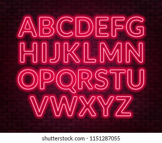 Neon Red Alphabet On Brick Wall Background. Capital Letter.