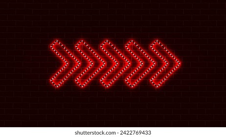 Neon red arrow pointer for a casino on a brick wall background.