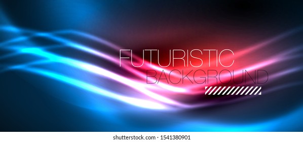 Neon red and blue abstract waves background. Shiny lights on bright colors with design elements. Futuristic or technology template illustration, hi-tech concept