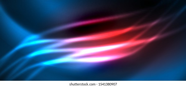 Neon red and blue abstract waves background. Shiny lights on bright colors with design elements. Futuristic or technology template illustration, hi-tech concept