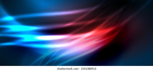 Neon red and blue abstract waves background. Shiny lights on bright colors with design elements. Futuristic or technology template illustration, hi-tech concept