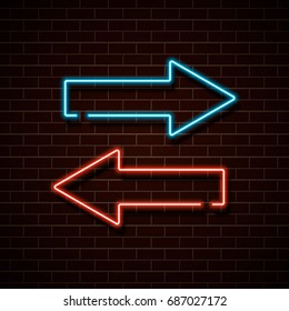 Neon red and blue arrows on a brick wall. Vector Illustration.
