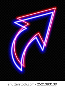 Neon red and blue curved arrow pointing upwards on a transparent background. Glowing, futuristic design, ideal for technology, navigation, and digital direction concepts.