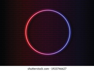 Neon red and blue light on dark black brick wall vector illustration. Neon border or frame. Lights sign. Vector abstract neon background for signboard or billboard. Geometric glow outline.