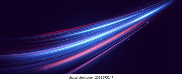 Neon red and blue speed lines. Speed ​​of acceleration and movement. Light trails, motion blur effect. Night illumination in blue and red.	