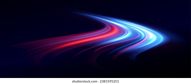 Neon red and blue speed lines. Speed ​​of acceleration and movement. Light trails, motion blur effect. Night illumination in blue and red.	