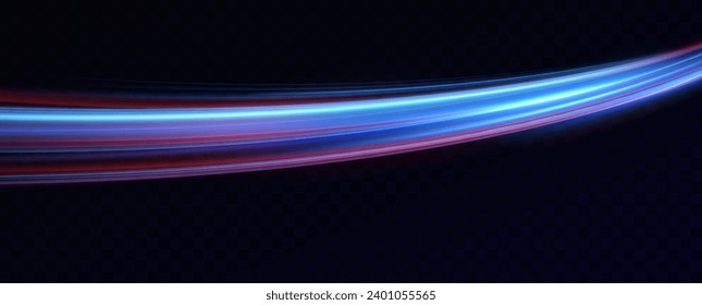 Neon red and blue speed lines. Speed ​​of acceleration and movement. Light trails, motion blur effect. Night illumination in blue and red.	