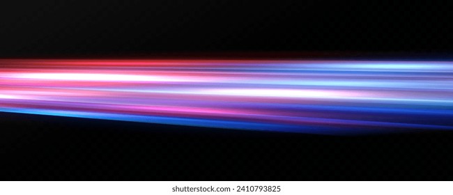 Neon red and blue speed lines. Speed ​​of acceleration and movement. Light trails, motion blur effect. Night illumination in blue and red.	