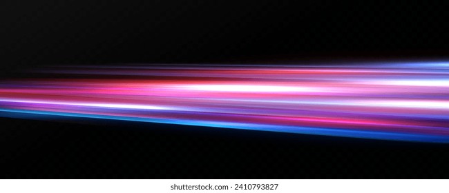Neon red and blue speed lines. Speed ​​of acceleration and movement. Light trails, motion blur effect. Night illumination in blue and red.	