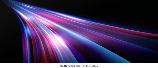 Neon red and blue speed lines. Speed ​​of acceleration and movement. Light trails, motion blur effect. Night illumination in blue and red.