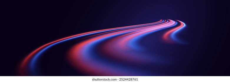 Neon red and blue speed lines. Speed ​​of acceleration and movement. Lights and stripes move quickly on a dark background.