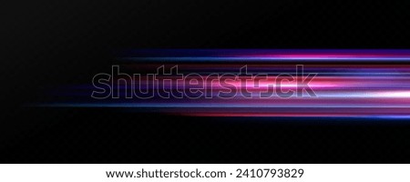 Neon red and blue speed lines. Speed ​​of acceleration and movement. Light trails, motion blur effect. Night illumination in blue and red.	