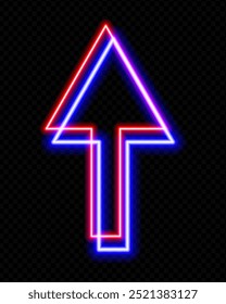 Seta para cima vermelho neon e azul sobre um fundo transparente. Design brilhante e futurista, perfeito para conceitos de tecnologia, navegação e direção.