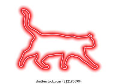 Neon red cat isolated on white. The cat walks with its tail raised high. Vector illustration