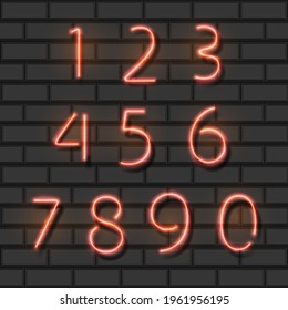 Neon red city font numbers set on a brick background. Vector illustration