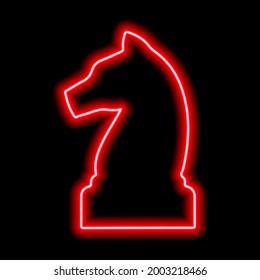 Neon red contour chess figure knight on a black background. Vector illustration