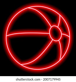 Neon red contour of a children's beach rubber ball on a black background. Sport, game, active pastime. Vector illustration