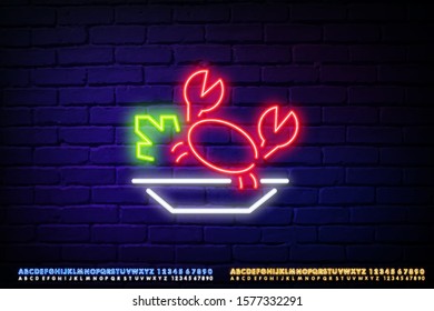 Neon red crab in white plate icon. Neon lobster Seafood Design template, light banner, night signboard, nightly bright advertising, light inscription. Vector illustration