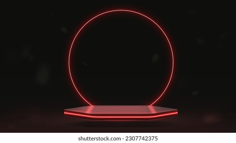 Podio vacío de color rojo neón con un arco redondo brillante. Plataforma flotante brillante.