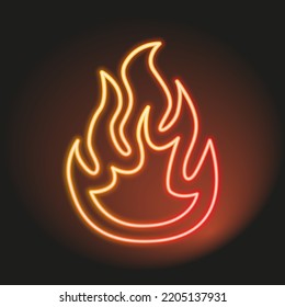 Neon red fire shape, vector illustration, heat symbol and sign, illustration of fire, high temperature, neon tube border line, neon electric light style.