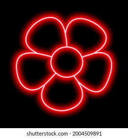 Neon red flower with petals on a black background. Simple vector illustration