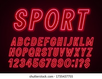 Neon red font, light alphabet with numbers.
