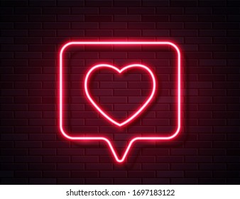 Neon Red Glowing Heart in Spech Bubble Banner on Dark Empty Grunge Brick Background. Vector Vintage Red Heart Like Sign. Retro Neon Valentines Day Symbol