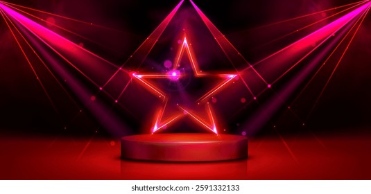 Neon red glowing star shape on dark background with spotlights. Empty stage illuminated by vivid crimson lights. Dramatic night club or music festival scene with luminous geometric silhouette.