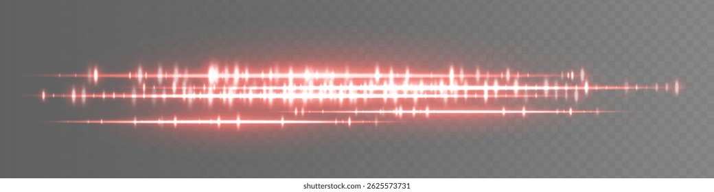 Neon red glowing waveform with energetic peaks and frequency bands on checkered transparent background. Perfect for music visuals, digital voice patterns or podcast interface.
