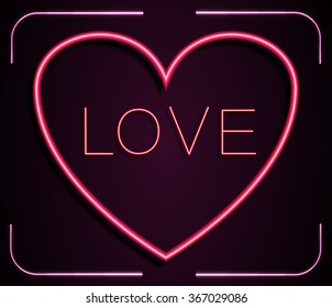 Neon red heart with inscription LOVE on a pink background.vector